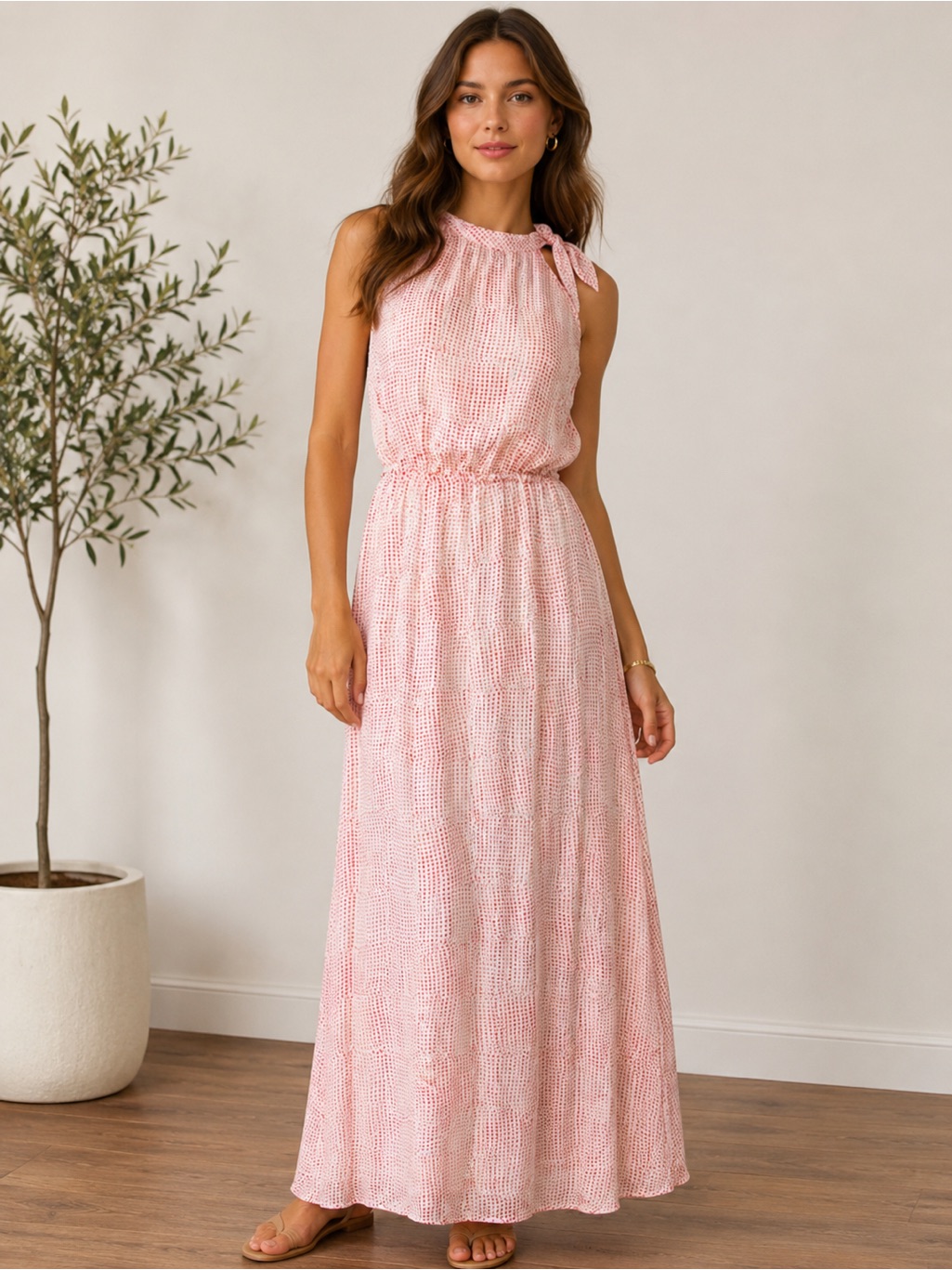 Banana Republic Sleeveless Pink Printed Maxi Dress With Tie Shoulder